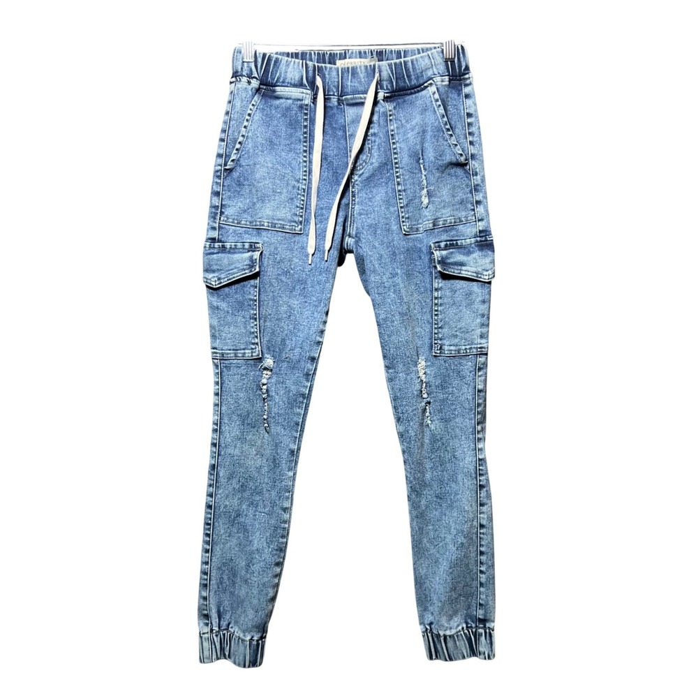 Celebrity Ace Pull On Distressed Denim Cargo Jogger Pants 9/29 Elastic Waist